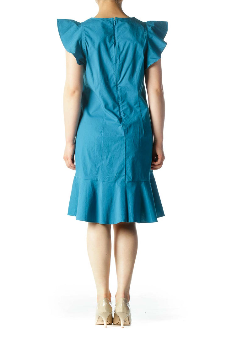 Teal V-Neck Cotton Ruffled Dress