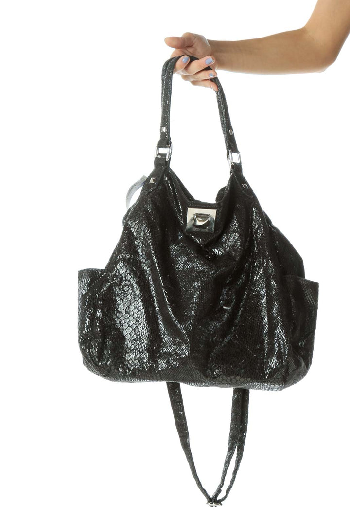 Black Shiny Snake Print Textured Shoulder Bag