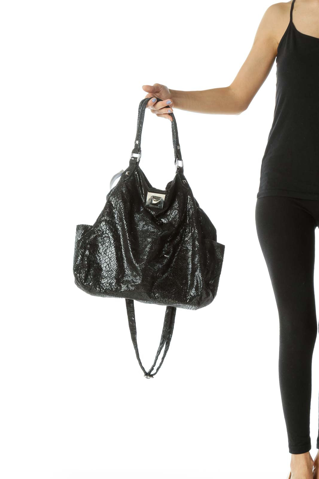 Black Shiny Snake Print Textured Shoulder Bag