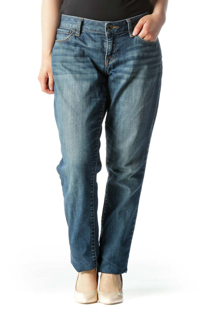 Blue Mid-Rise Whiskered-Wash Skinny Jeans