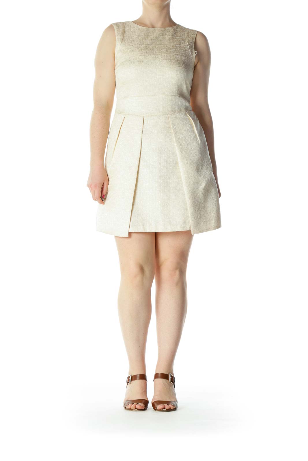 Cream/Silver Round-Neck Pleated Metallic Thread Textured Dress