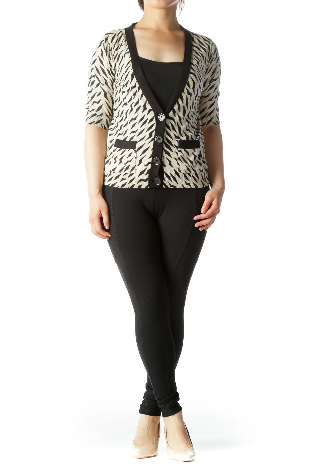 Beige Animal Print Cropped Cardigan