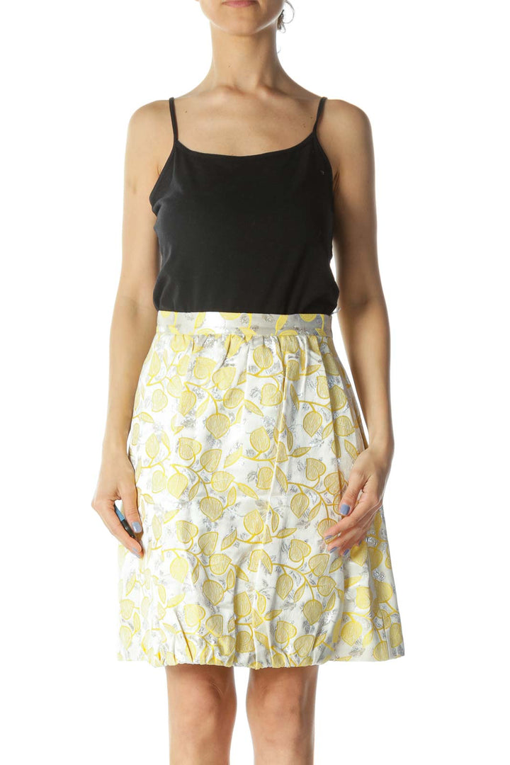 Silver & Yellow Floral-Patterned Designer Pleated Skirt