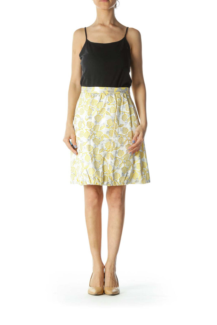 Silver & Yellow Floral-Patterned Designer Pleated Skirt