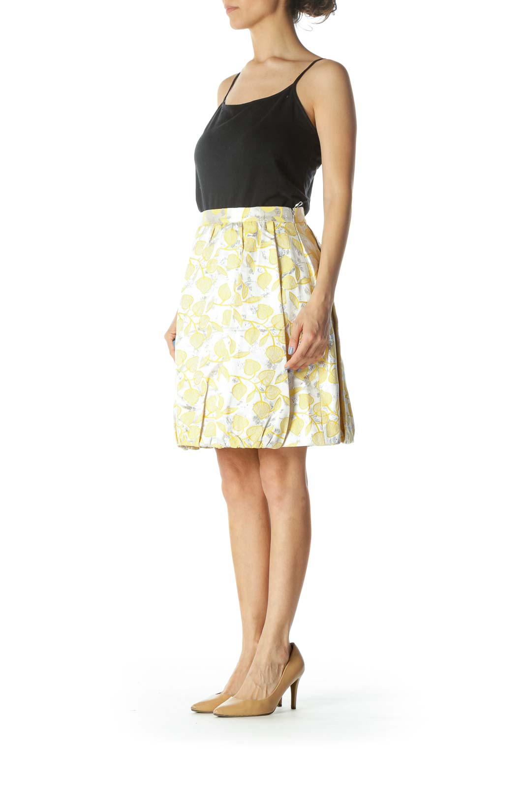 Silver & Yellow Floral-Patterned Designer Pleated Skirt