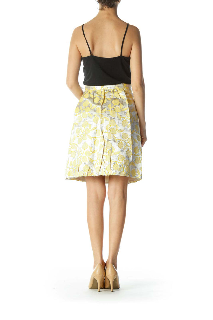 Silver & Yellow Floral-Patterned Designer Pleated Skirt