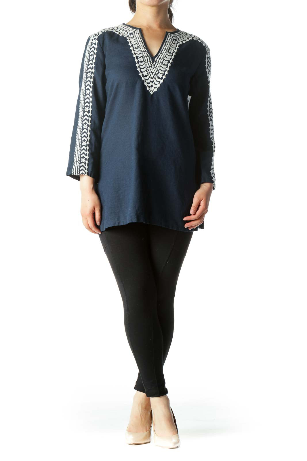 Navy-Blue White Embroidery Detail Knit Tunic Top