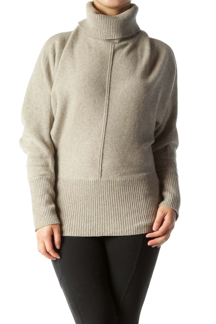 Beige Gray Turtle Neck Bat-Sleeve Slim-Waist Knit Sweater