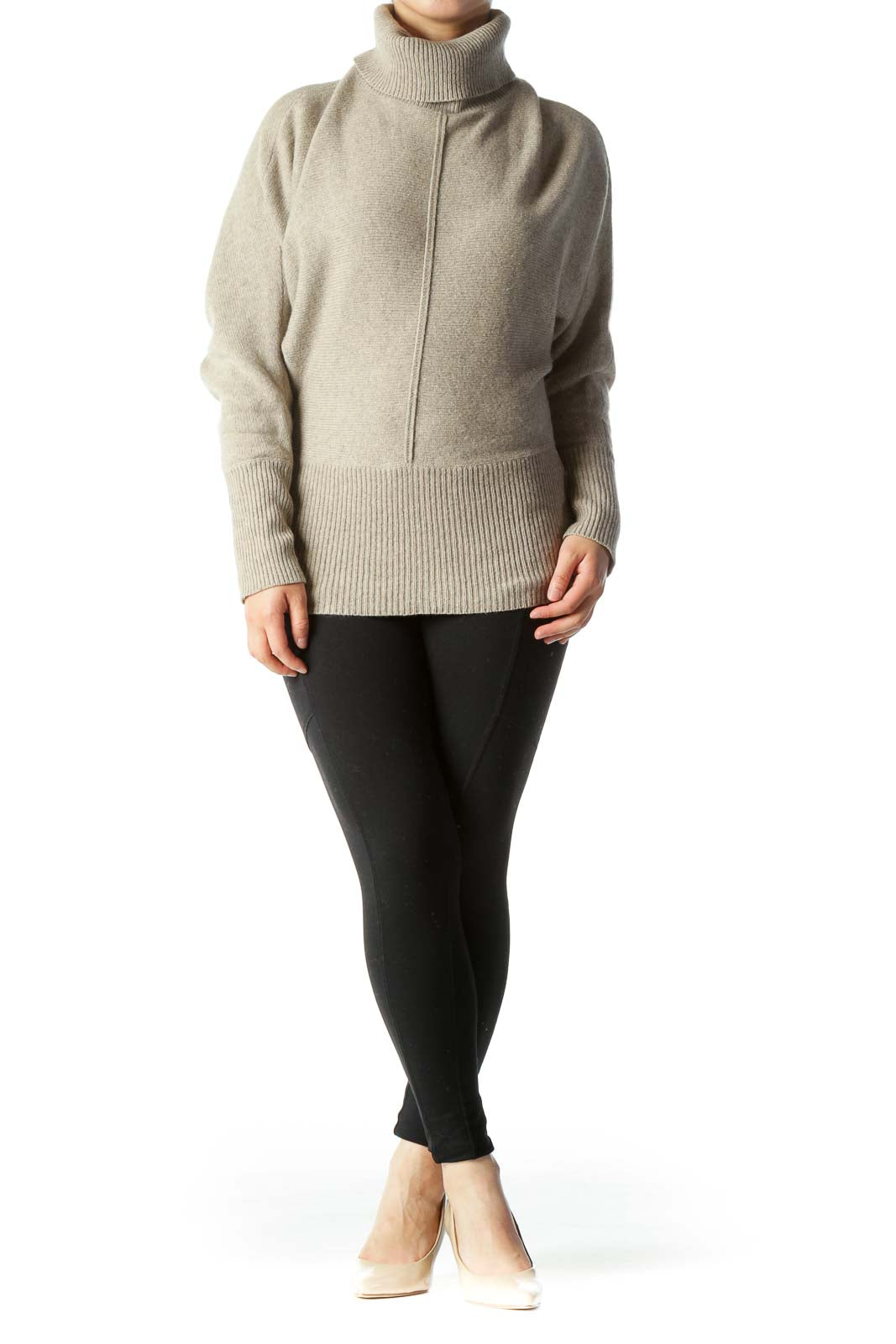 Beige Gray Turtle Neck Bat-Sleeve Slim-Waist Knit Sweater