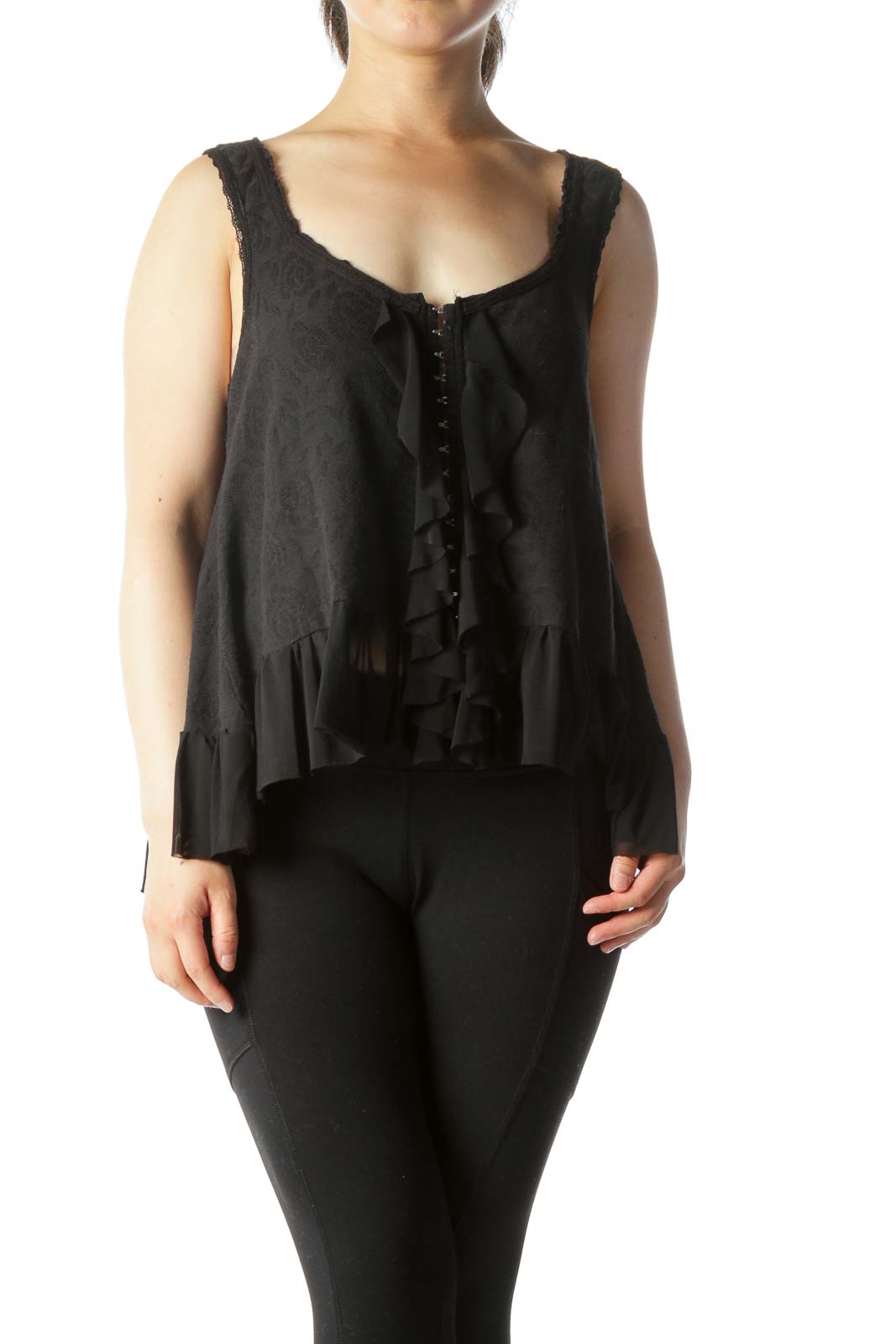 Front view of Free People black sleeveless top with ruffled details