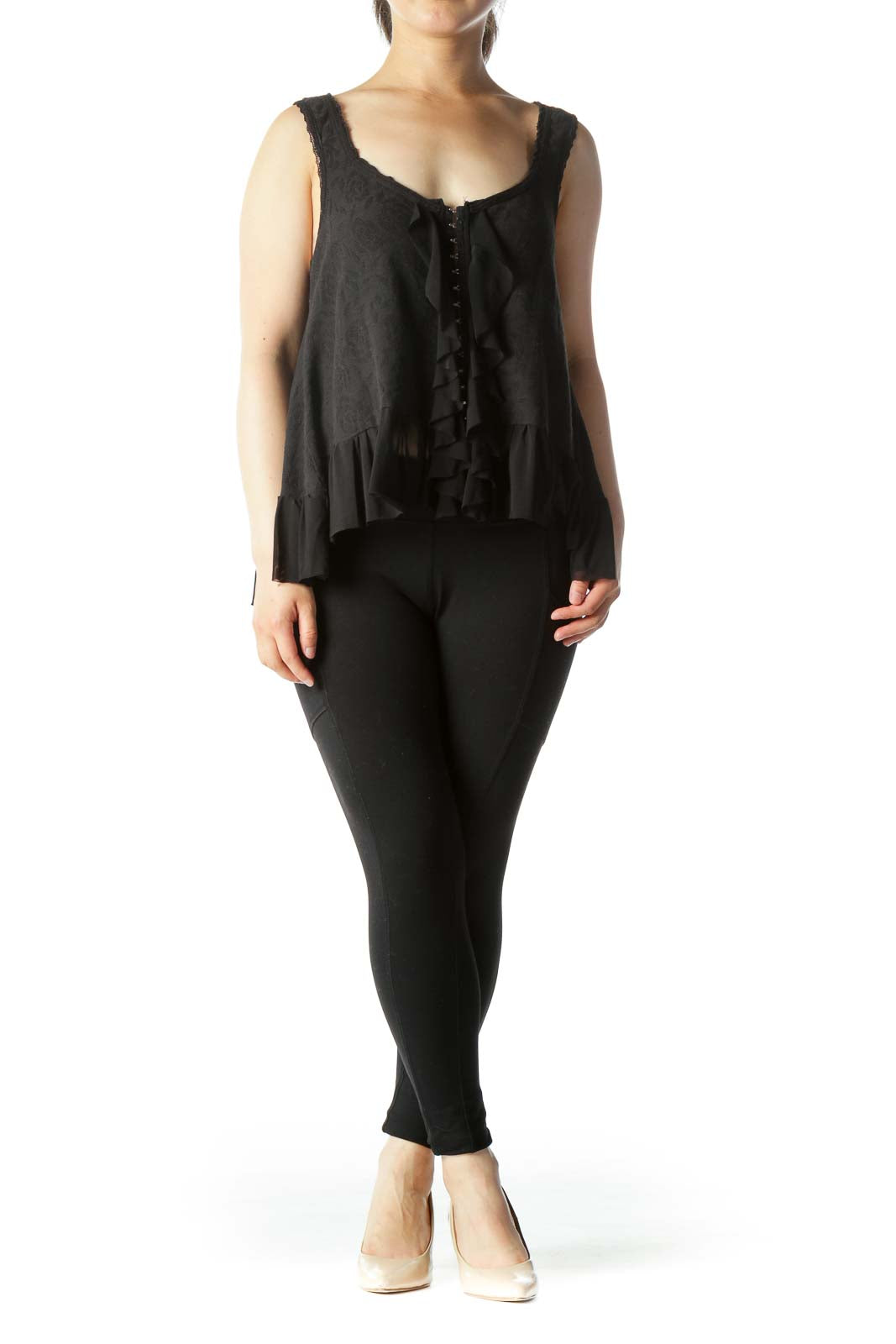 Front view of Free People black sleeveless top with ruffled details