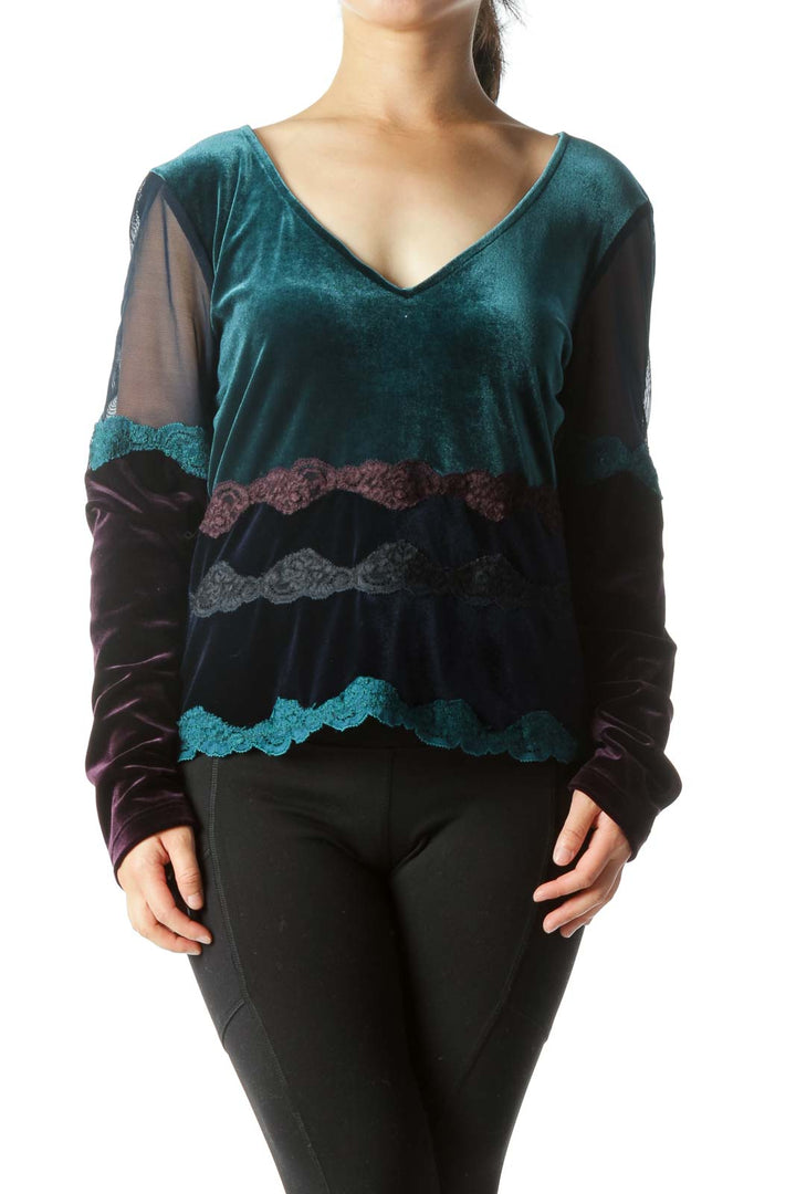 Teal Purple Navy Blue V-Neck Faux-Velvet Lace Long-Sleeve Top