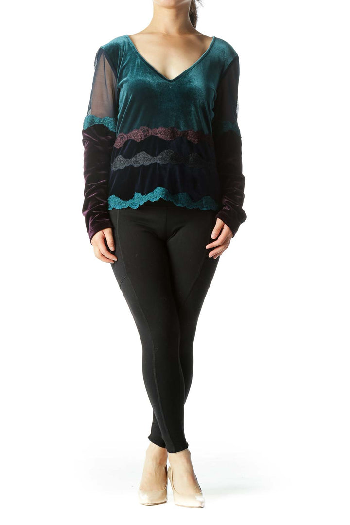 Teal Purple Navy Blue V-Neck Faux-Velvet Lace Long-Sleeve Top