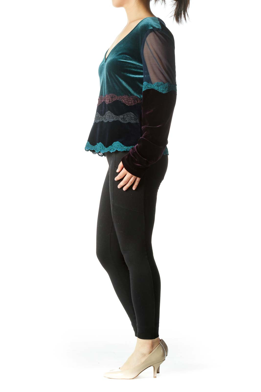 Teal Purple Navy Blue V-Neck Faux-Velvet Lace Long-Sleeve Top