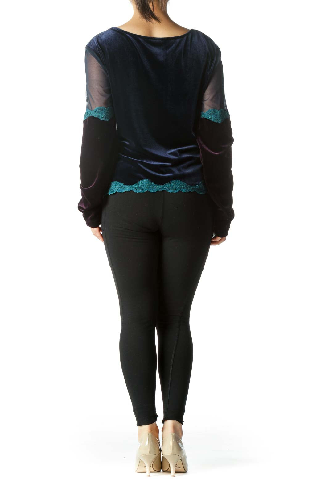 Teal Purple Navy Blue V-Neck Faux-Velvet Lace Long-Sleeve Top