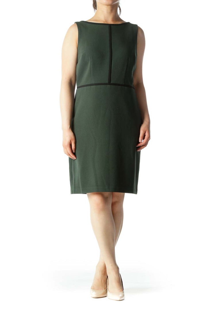 Forest Green Sleeveless Shift Dress With Navy Piping