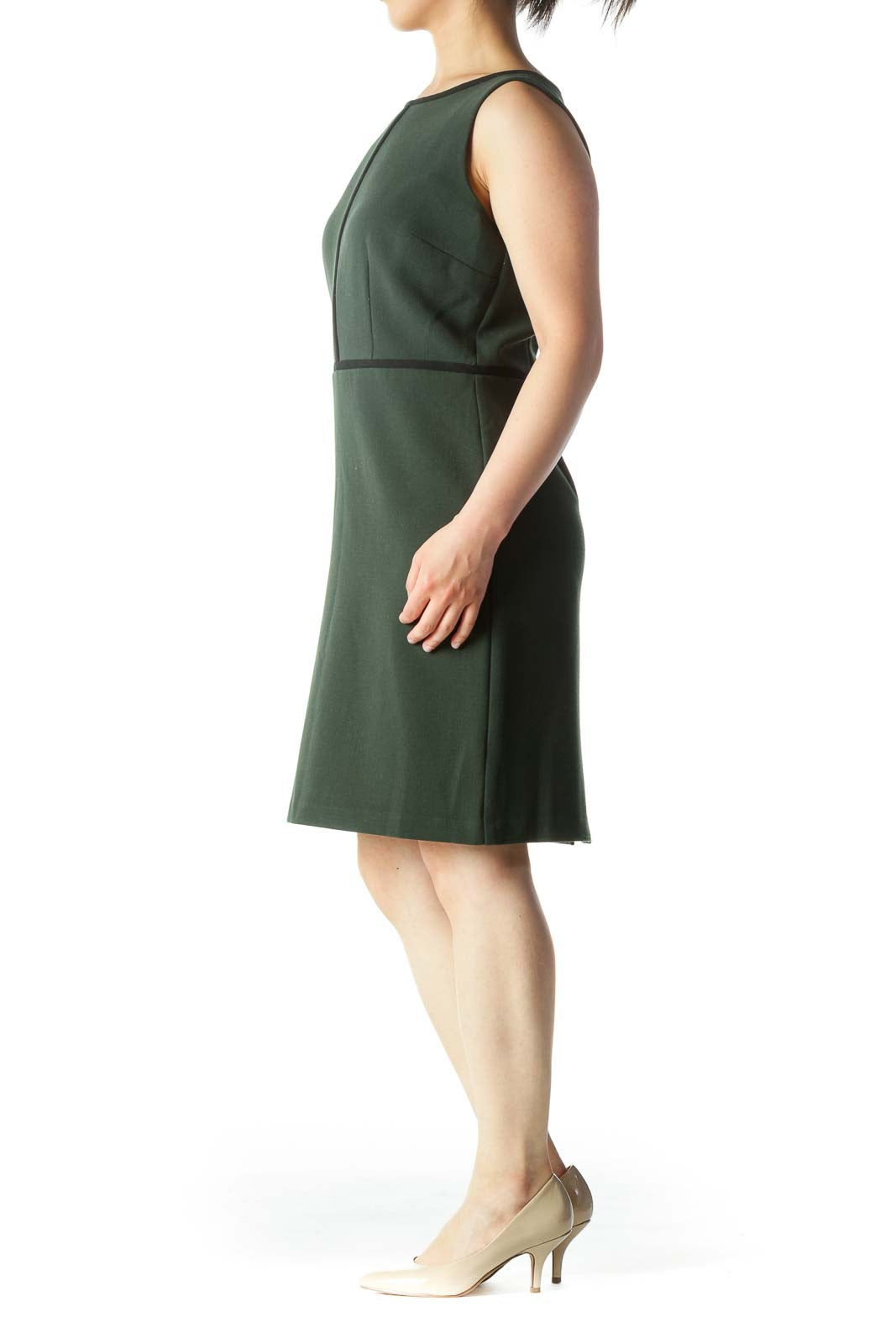 Forest Green Sleeveless Shift Dress With Navy Piping