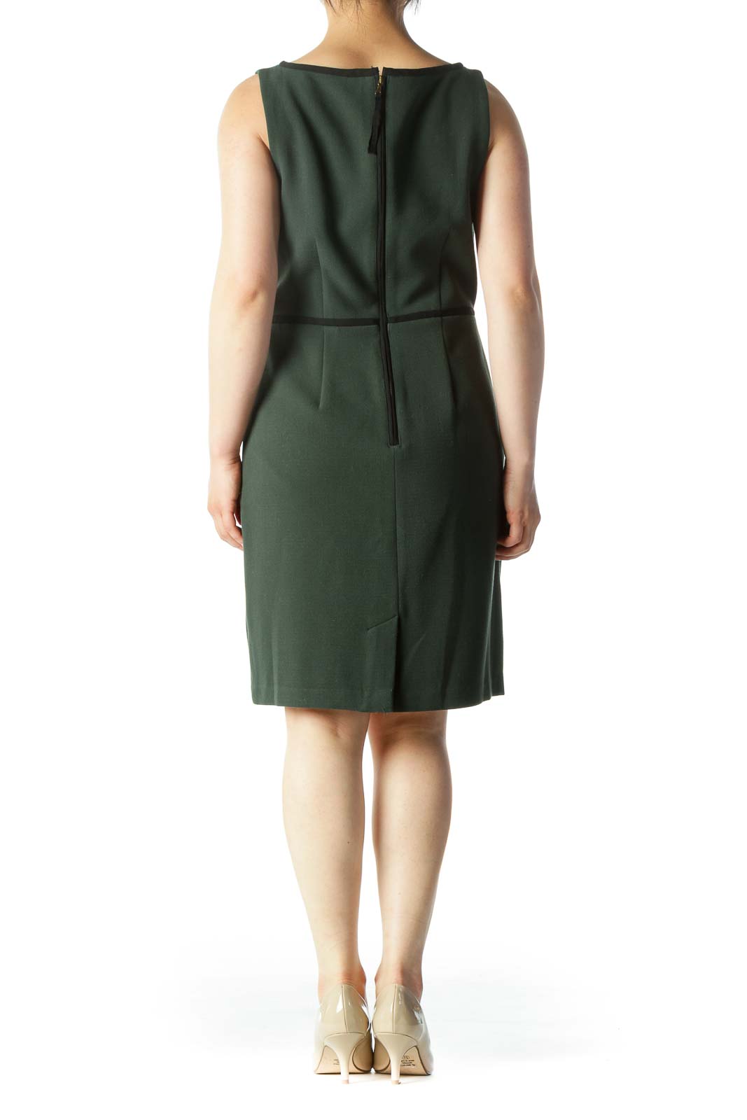 Forest Green Sleeveless Shift Dress With Navy Piping