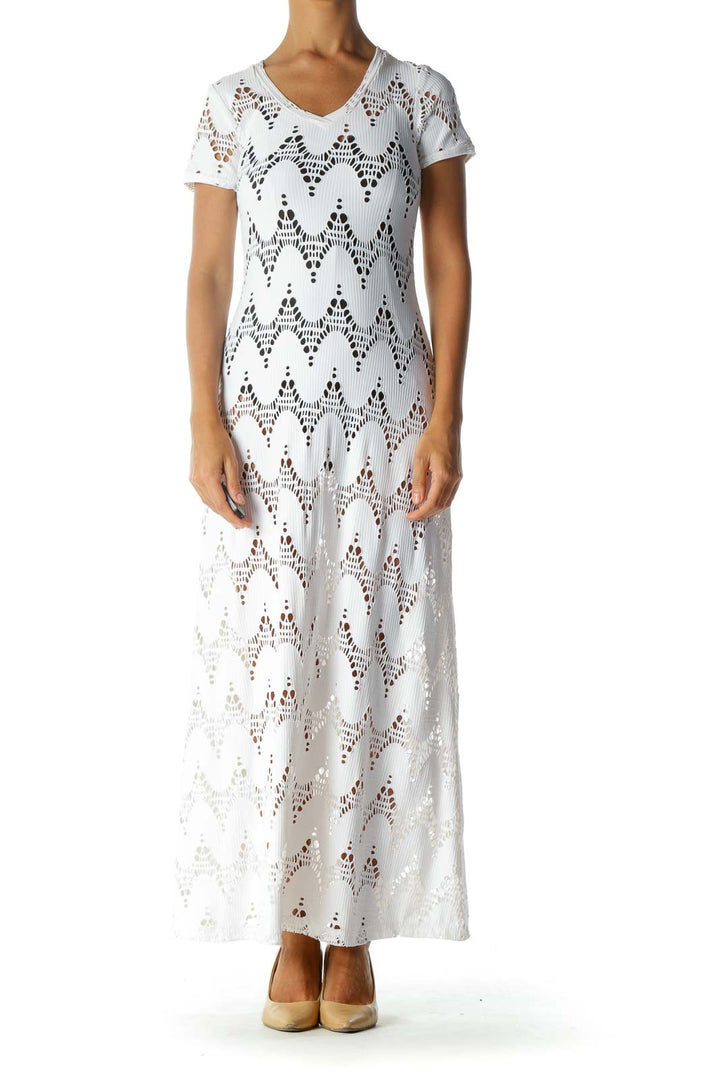 White Cut-Out Stretch Short-Sleeve Maxi-Dress