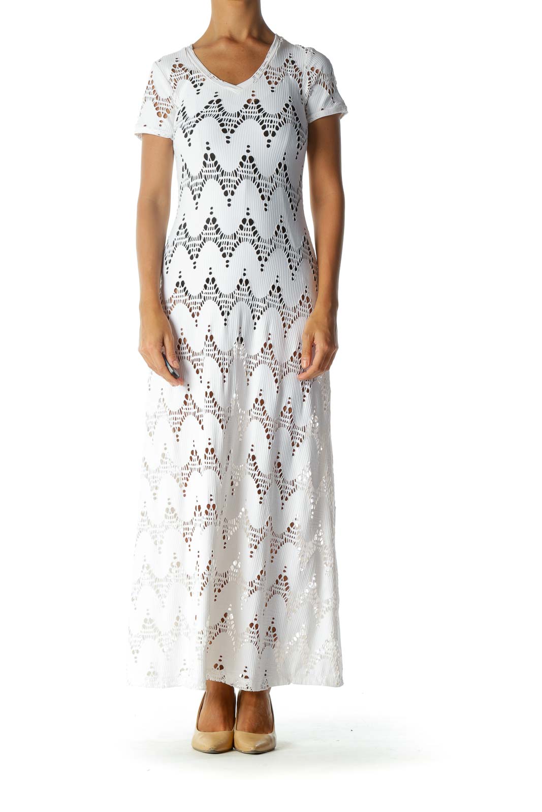 White Cut-Out Stretch Short-Sleeve Maxi-Dress