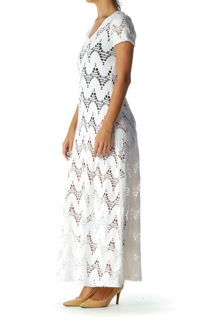 White Cut-Out Stretch Short-Sleeve Maxi-Dress