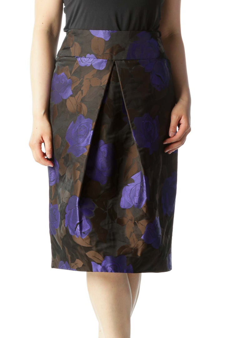 Purple & Brown Floral Print Designer Pleated Pencil Skirt