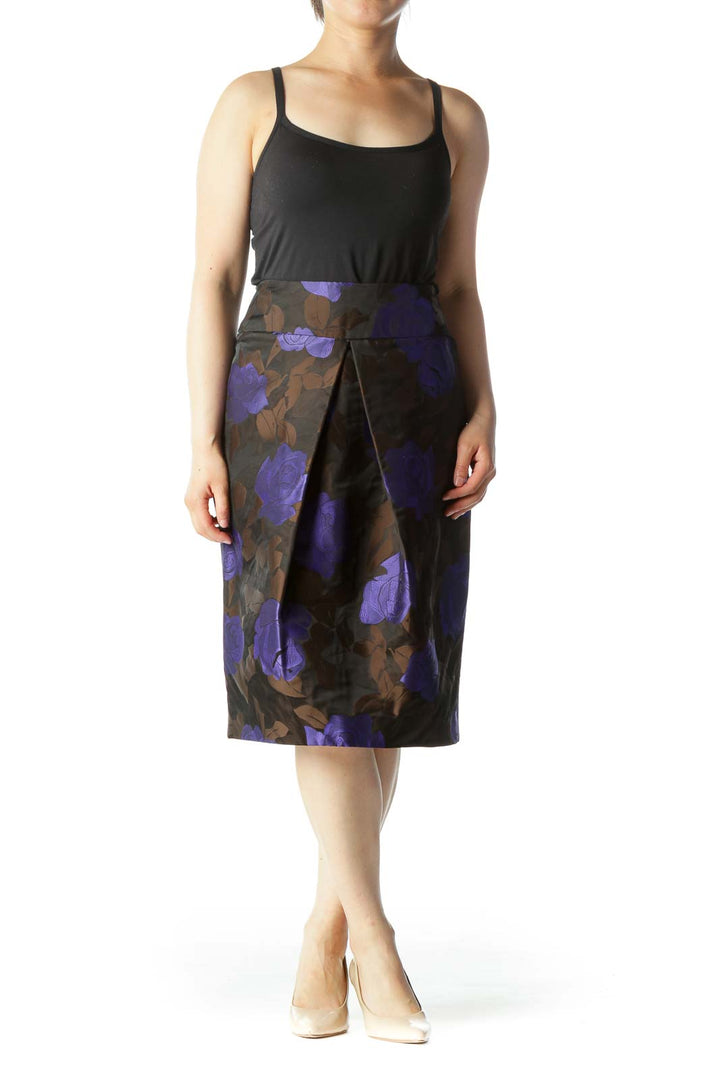 Purple & Brown Floral Print Designer Pleated Pencil Skirt