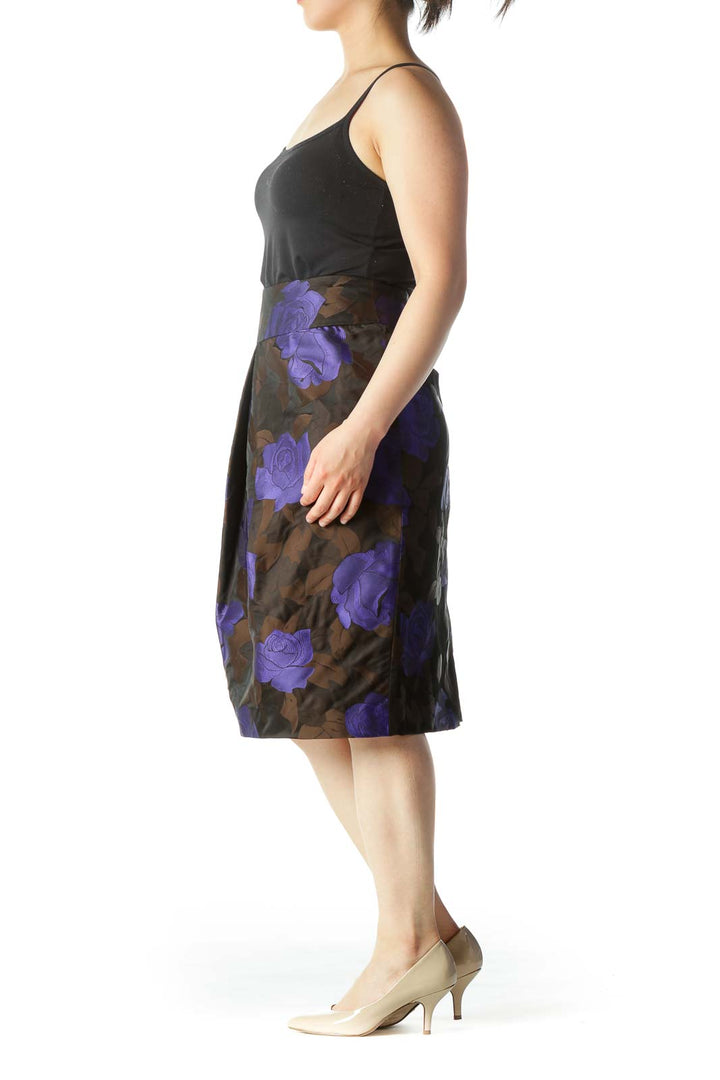 Purple & Brown Floral Print Designer Pleated Pencil Skirt