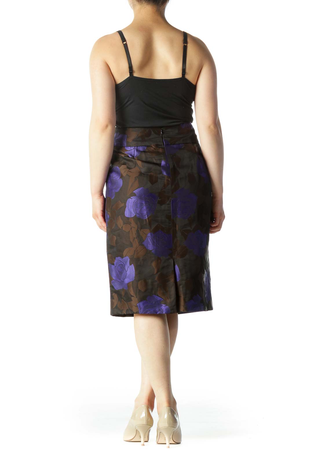 Purple & Brown Floral Print Designer Pleated Pencil Skirt