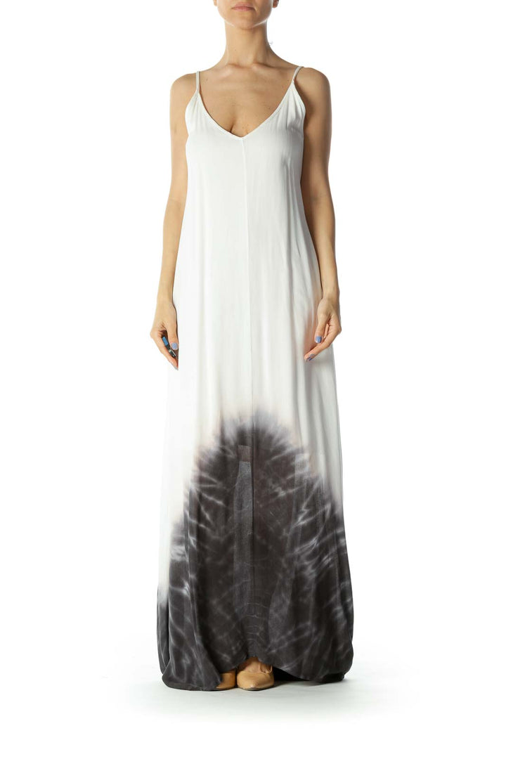 Cream/Gray Tie-Dye Print V-Neck Lined Maxi Dress