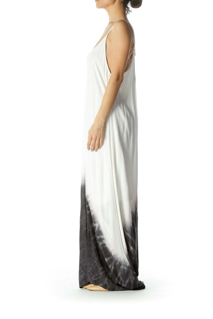 Cream/Gray Tie-Dye Print V-Neck Lined Maxi Dress