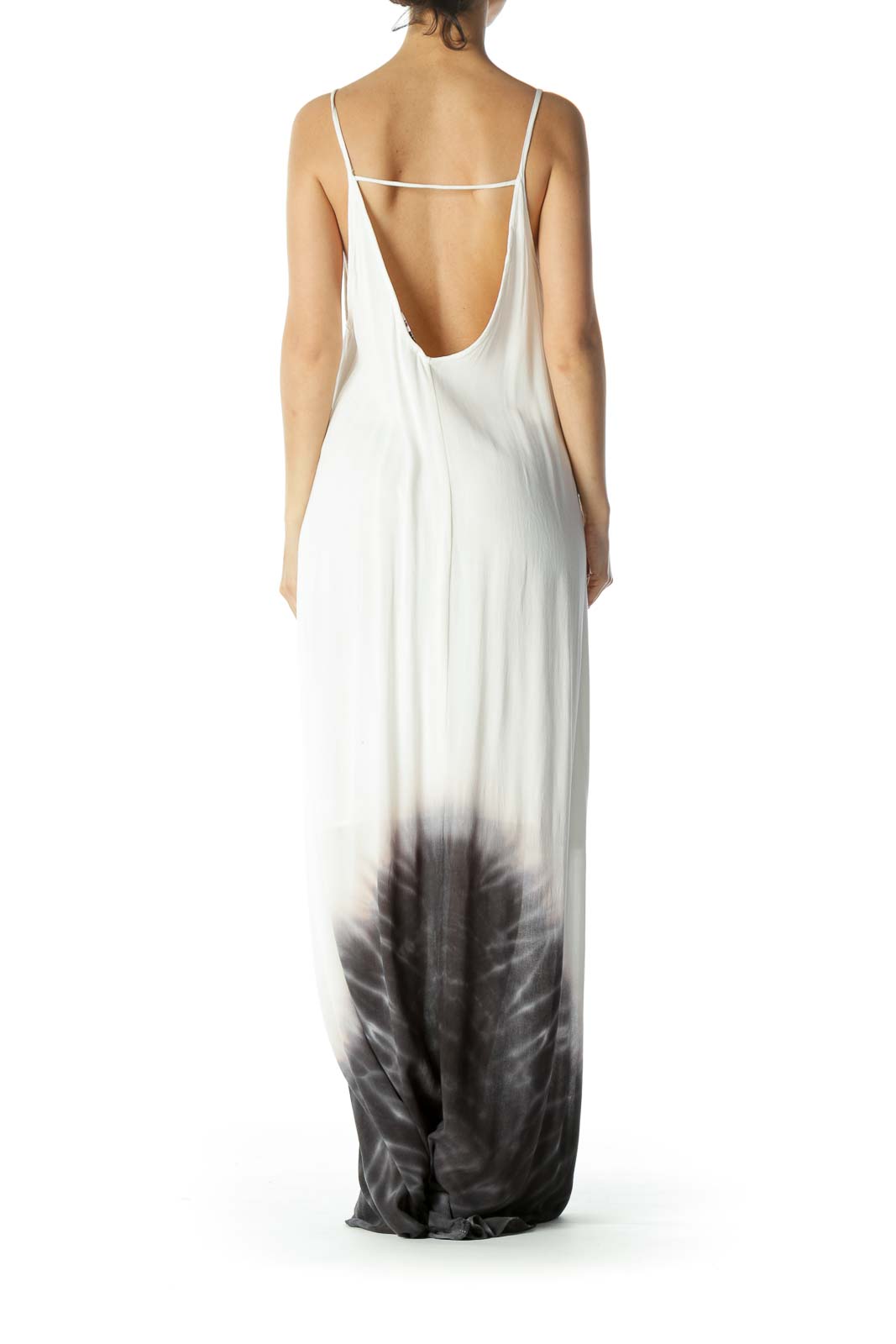 Cream/Gray Tie-Dye Print V-Neck Lined Maxi Dress