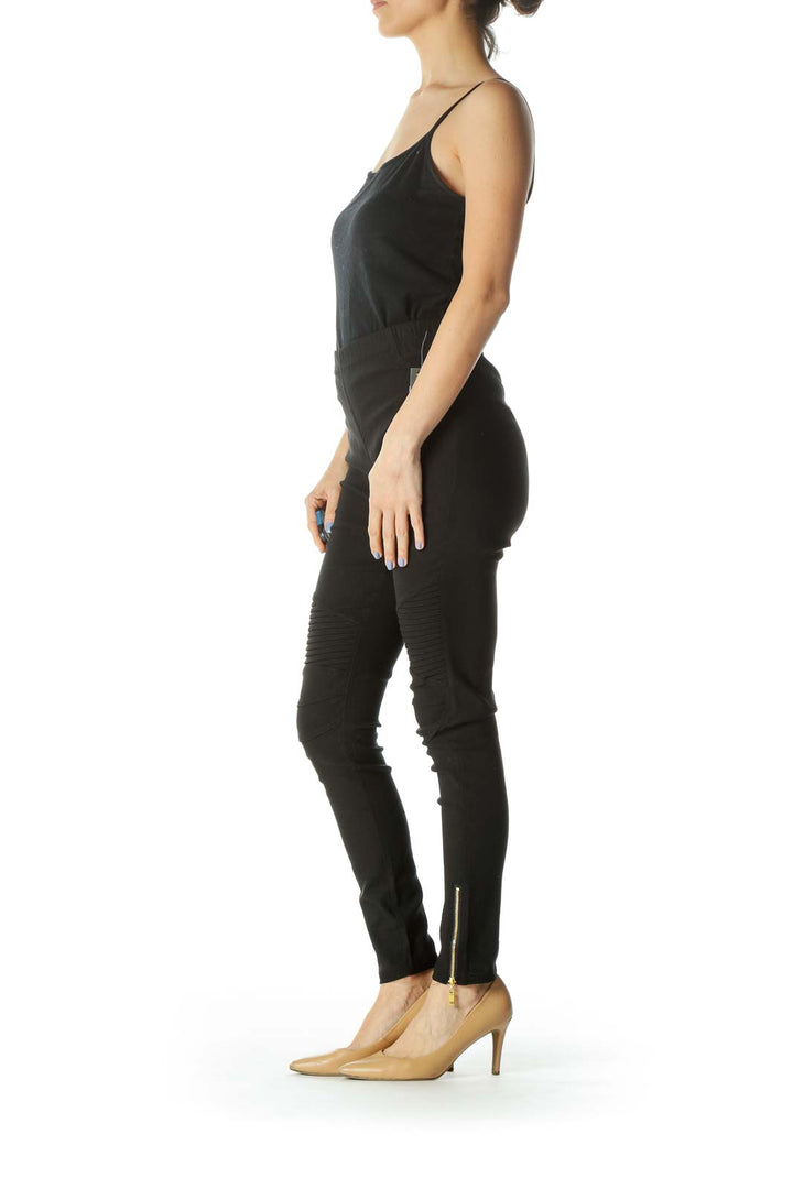 Black Textured Gold-Zipper Detail Leggings