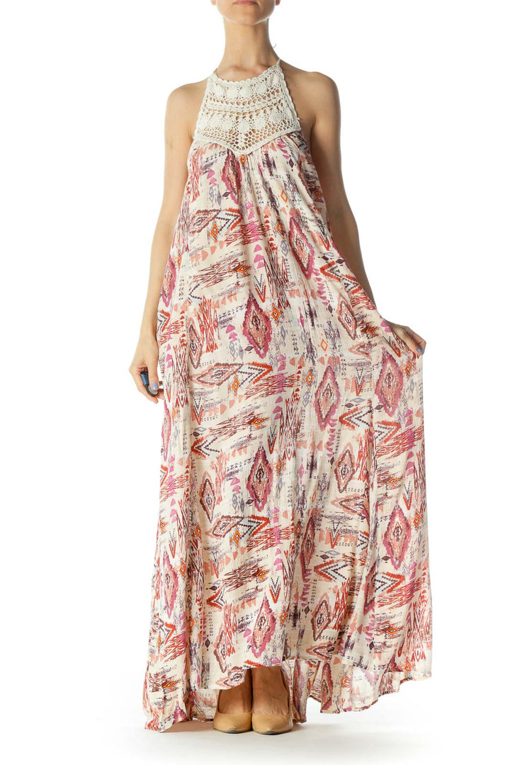 Cream/Red/Pink Printed Crocheted Halter-Neckline Day Dress