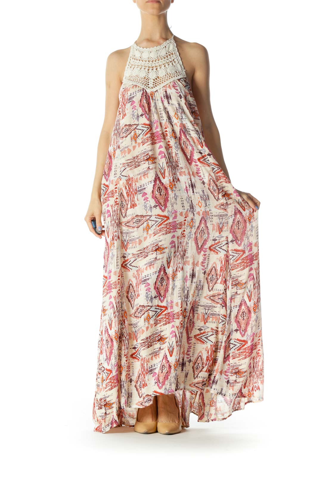 Cream/Red/Pink Printed Crocheted Halter-Neckline Day Dress