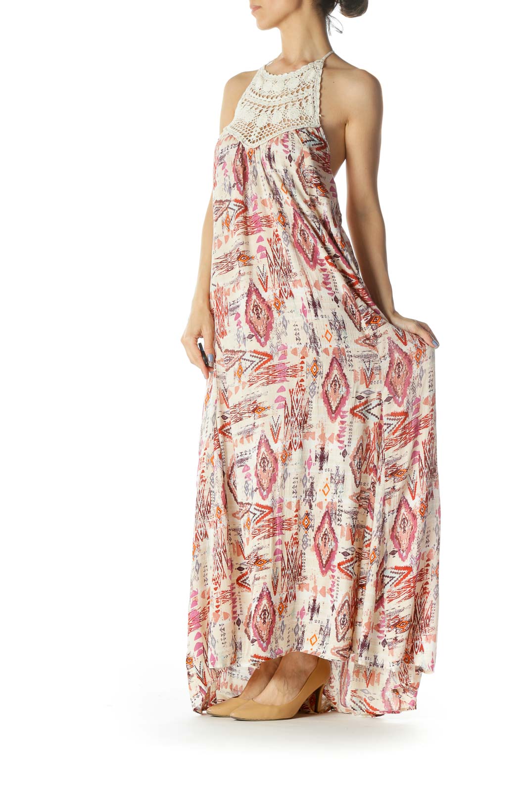 Cream/Red/Pink Printed Crocheted Halter-Neckline Day Dress