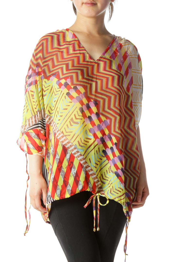 Red Yellow Print See-Through Blouse