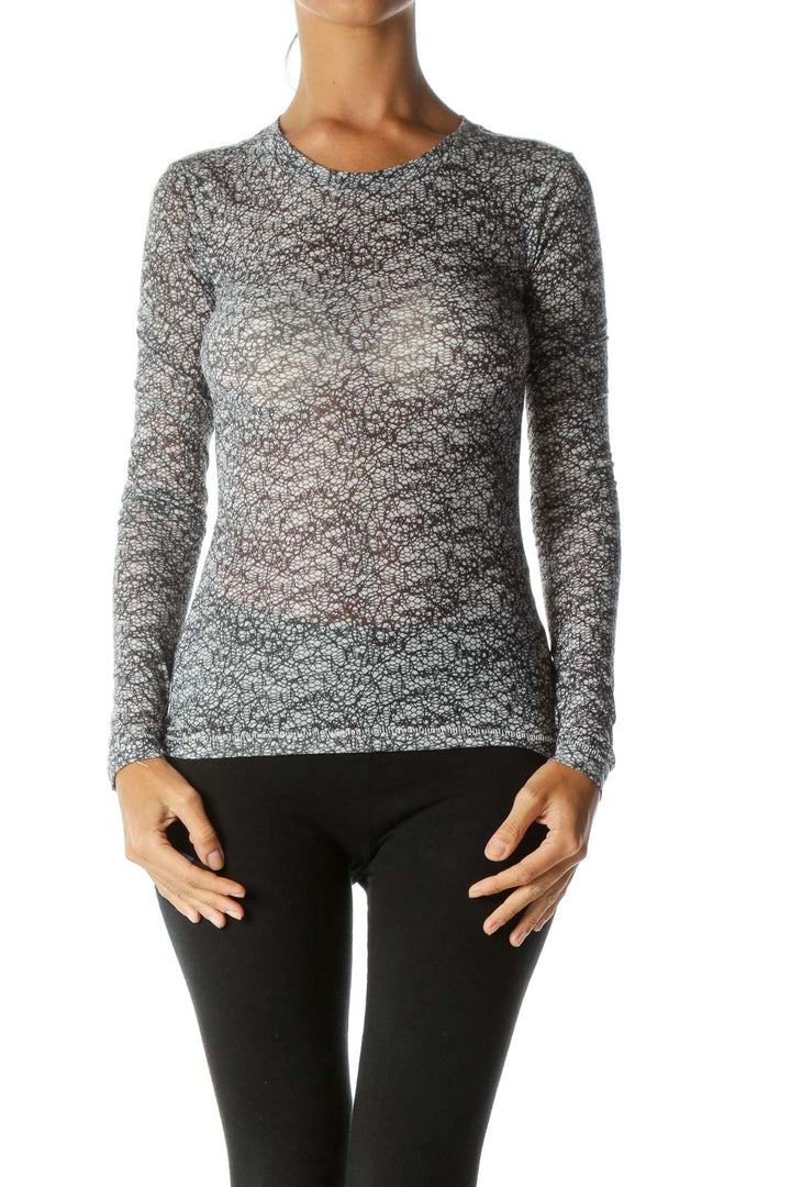 Gray Print See-Through Long Sleeve Top