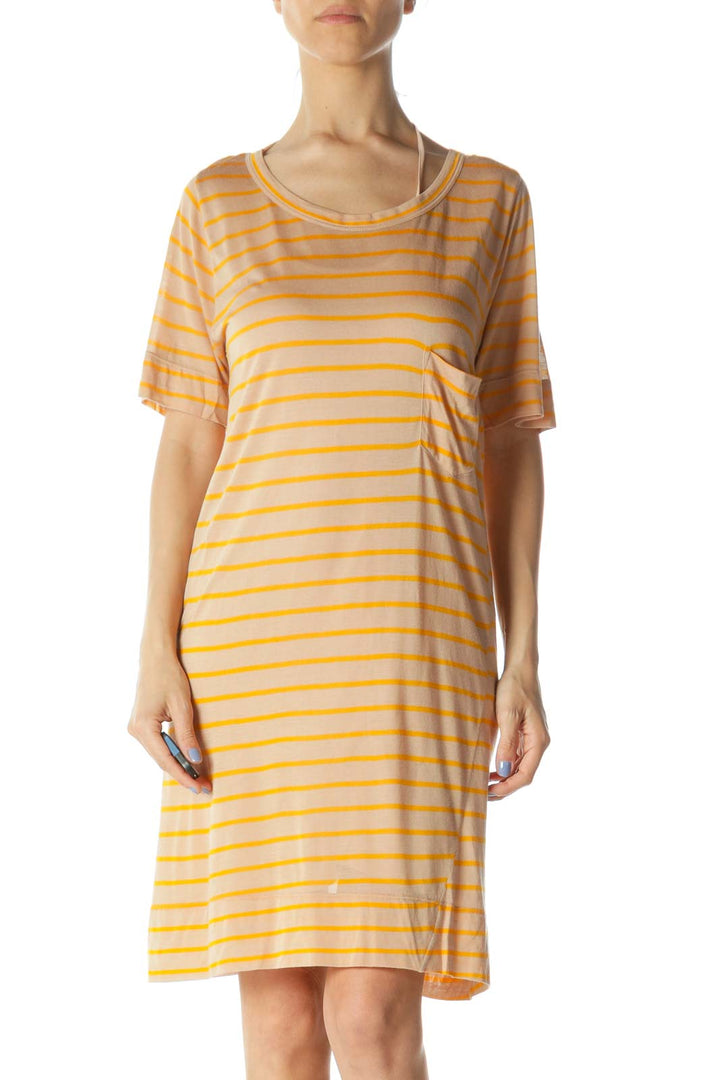 Beige & Orange Striped Designer Knit Shirt Dress