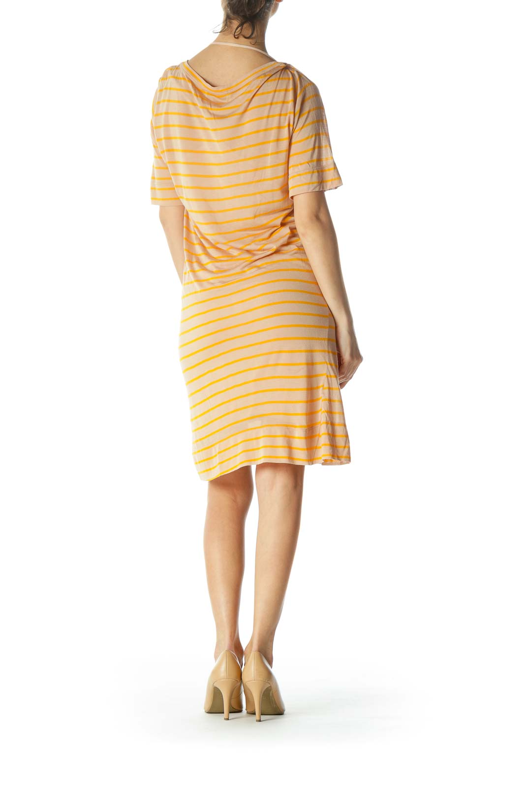 Beige & Orange Striped Designer Knit Shirt Dress