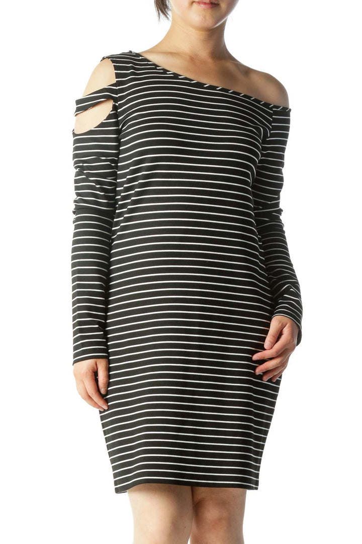 Black & White Striped Long-Sleeve Off-Shoulder Cut-Out Knit Dress