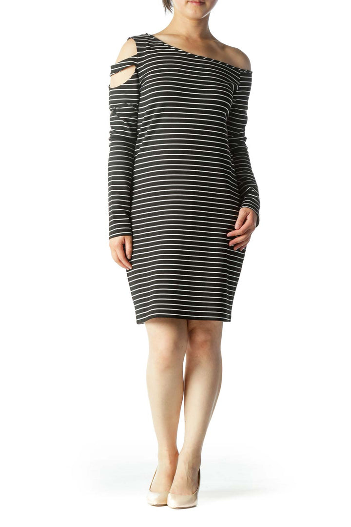 Black & White Striped Long-Sleeve Off-Shoulder Cut-Out Knit Dress