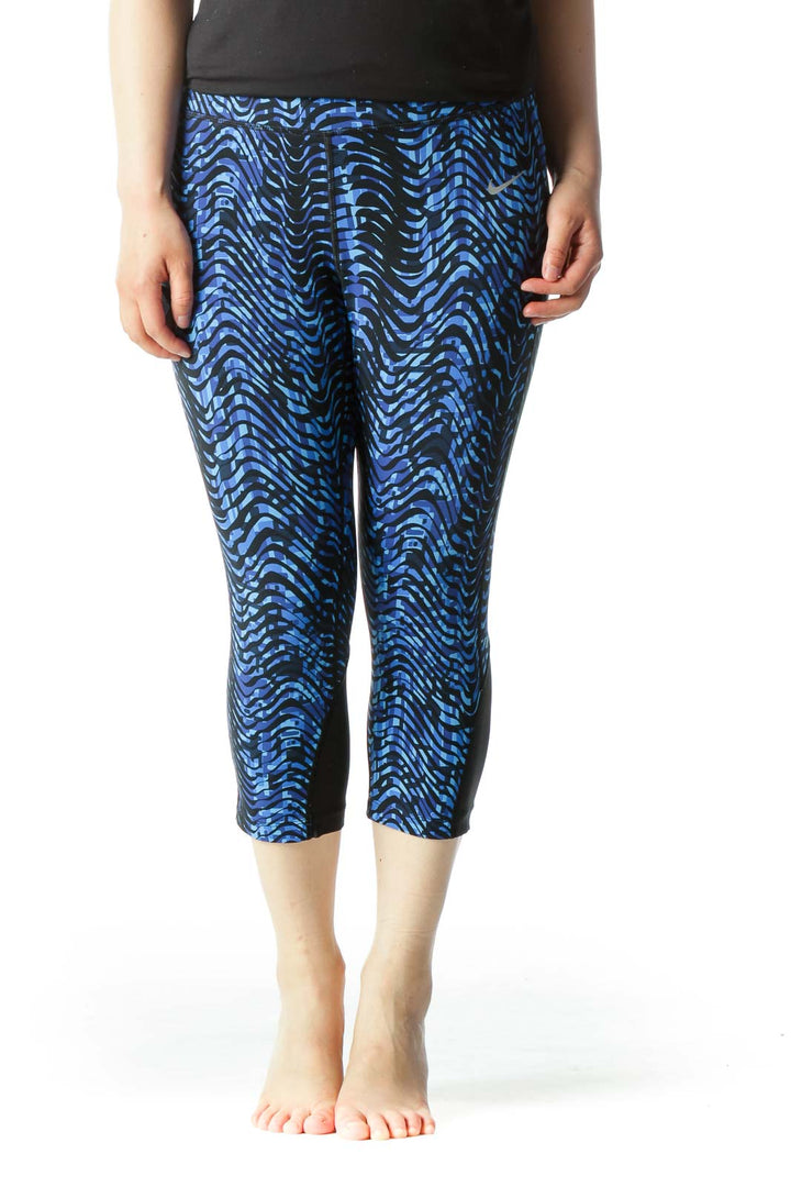 Blue & Black Cropped Leggings with Mesh & Reflective Details & Front/Back Pockets