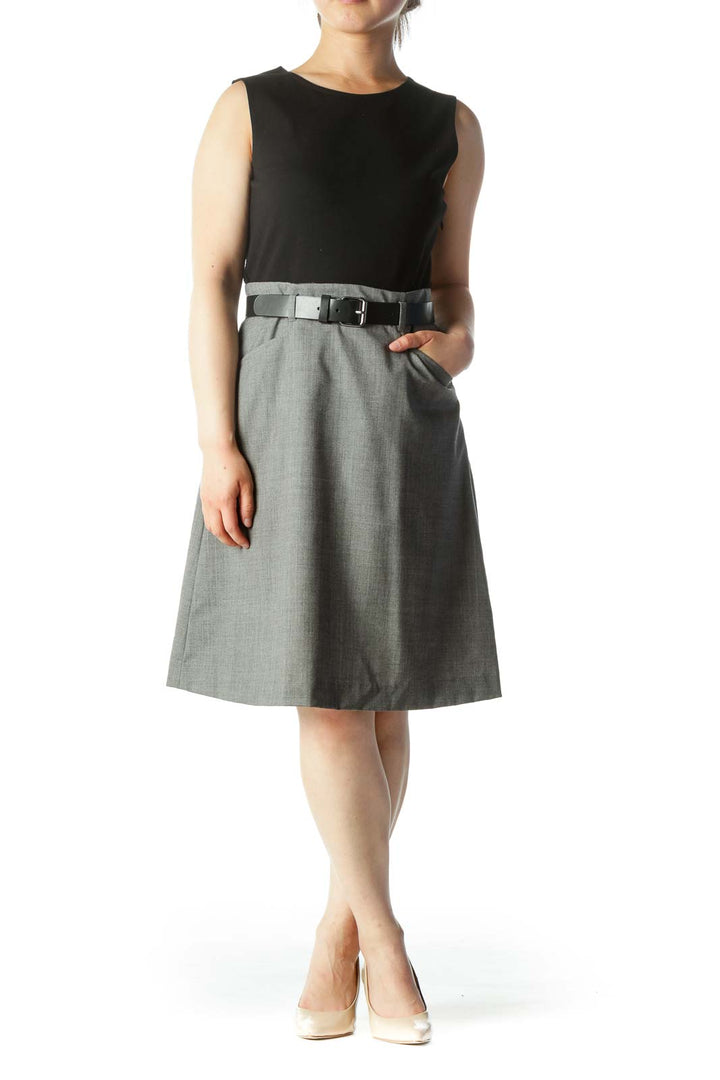 Black & Gray Mixed Media Belted Pocketed Sleeveless Work Dress