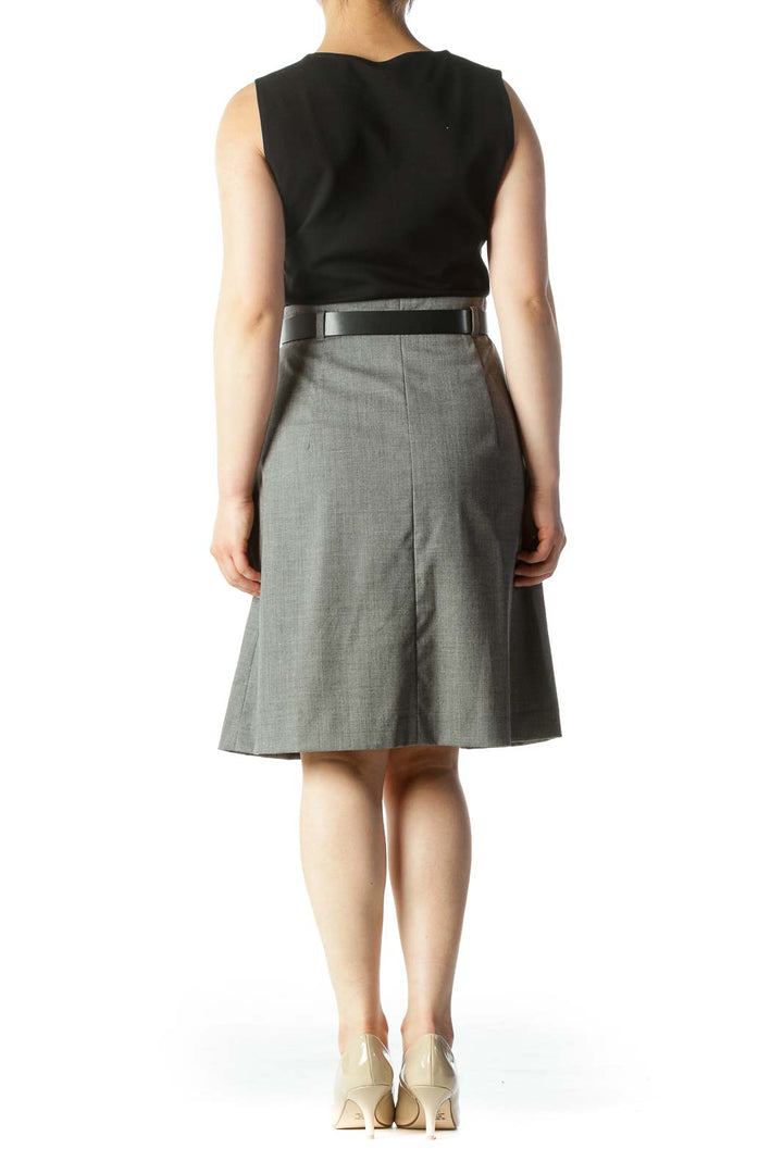 Black & Gray Mixed Media Belted Pocketed Sleeveless Work Dress