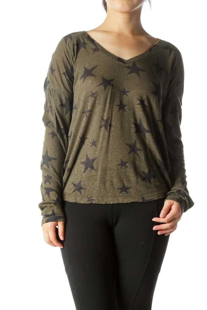 Olive Green Black V-Neck Star-Print Long Sleeve Top