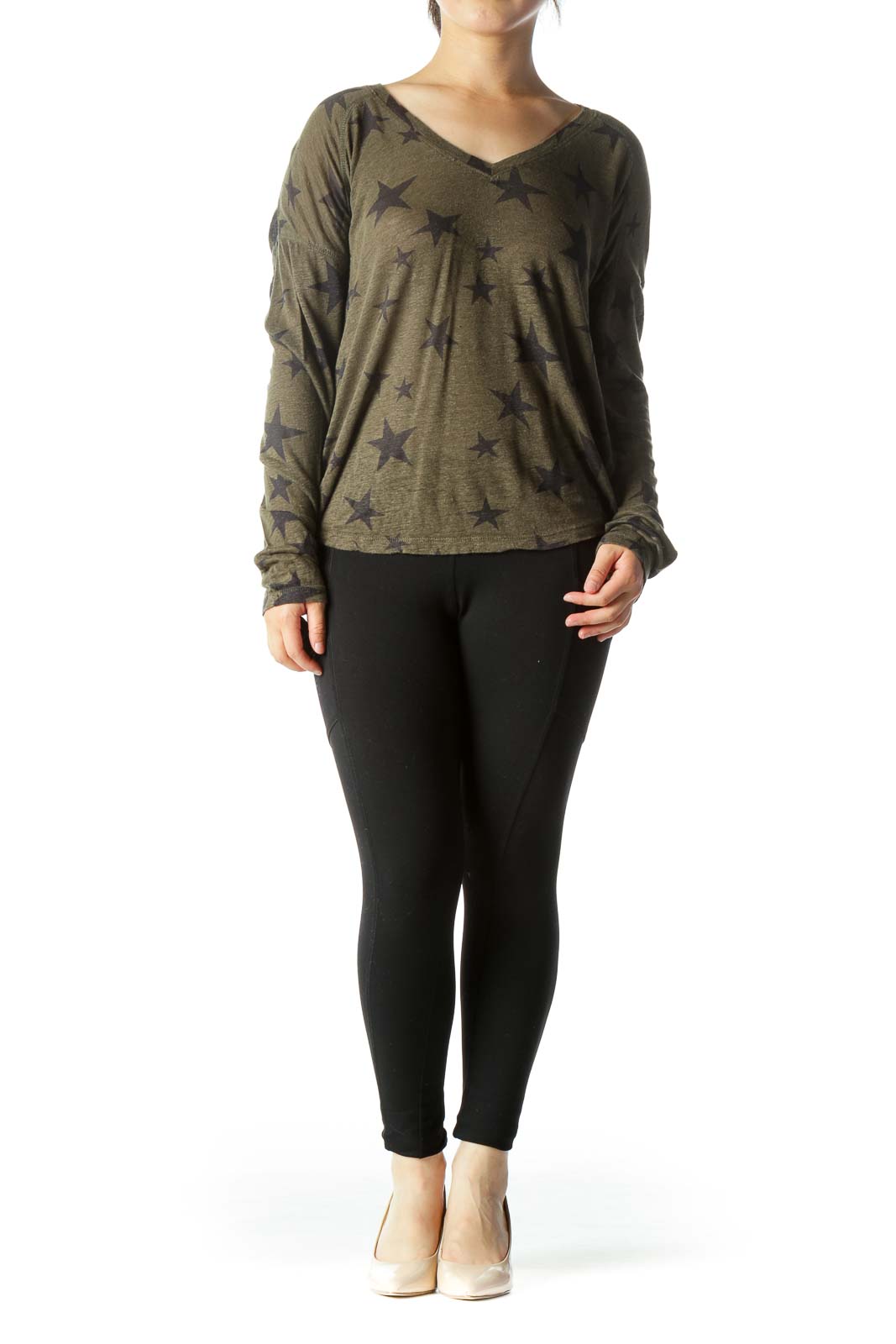 Olive Green Black V-Neck Star-Print Long Sleeve Top