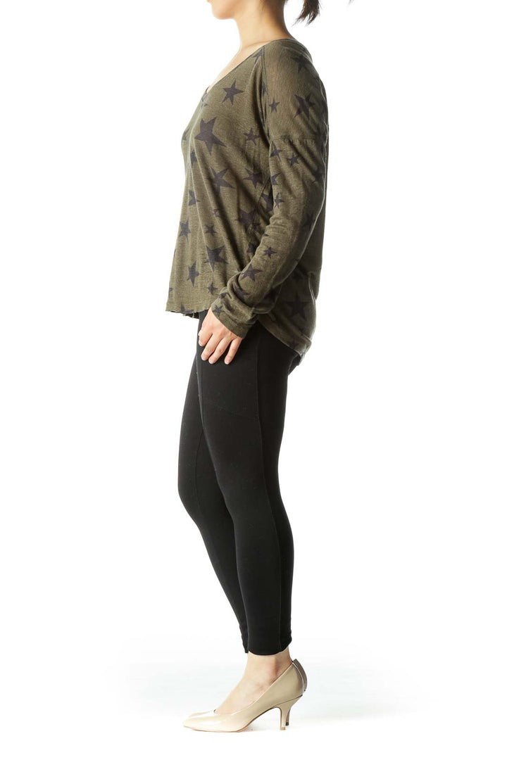 Olive Green Black V-Neck Star-Print Long Sleeve Top