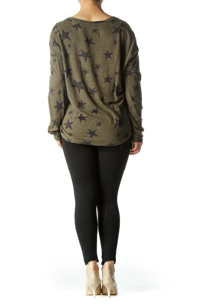 Olive Green Black V-Neck Star-Print Long Sleeve Top