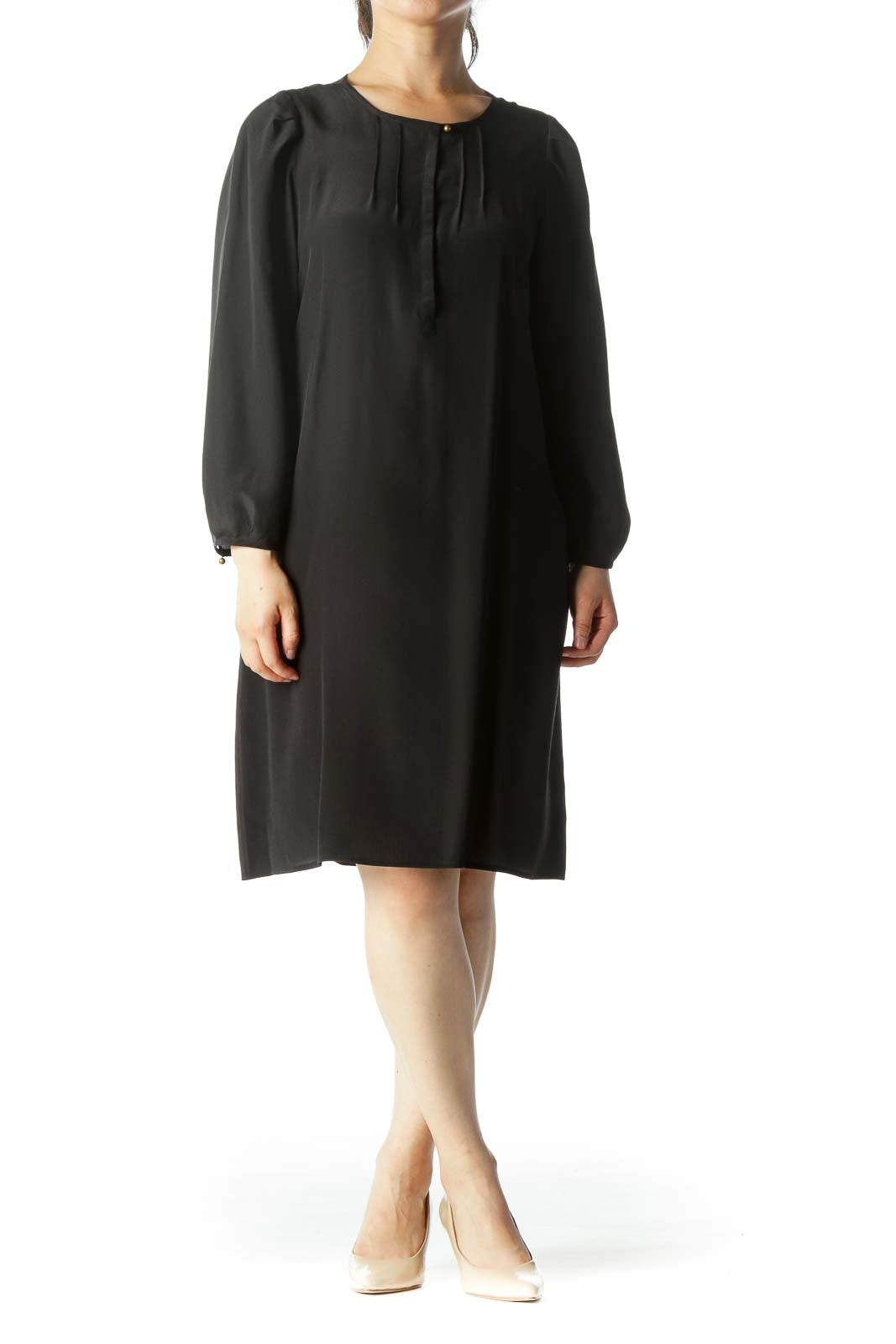 Black 100% Silk Chest-Pleated Buttoned 3/4 Sleeve Peasant Cocktail Dress